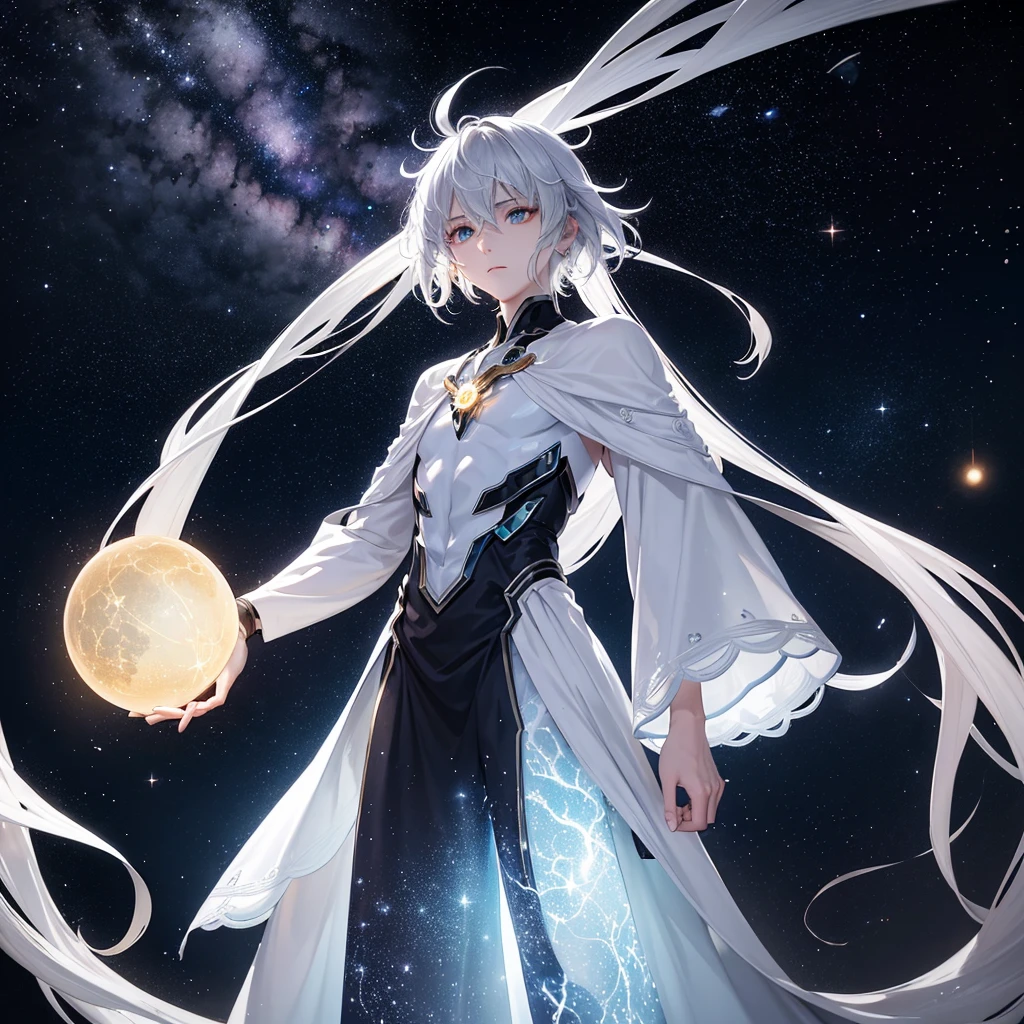 "Create an anime-style depiction of Genos, the alien Spacefaring Wanderer, a celestial spirit with a mysterious and ancient aura. He has a tall and slender build, with smooth, metallic silver skin that glows faintly under starlight. His eyes are deep voids of shimmering galaxies, filled with a calm, infinite wisdom. Genos wears a long, flowing robe made of dark, ethereal fabric that seems to contain constellations and nebulae, swirling slowly as he moves. His hair is a flowing, luminescent white, cascading like liquid stardust down his back. He wields a staff that resembles a fragment of an ancient, cosmic tree, with branches that reach out, holding small, glowing orbs representing distant planets. The background should depict a serene, star-filled cosmos, with distant planets and astral phenomena adding to the sense of his eternal journey through the universe."