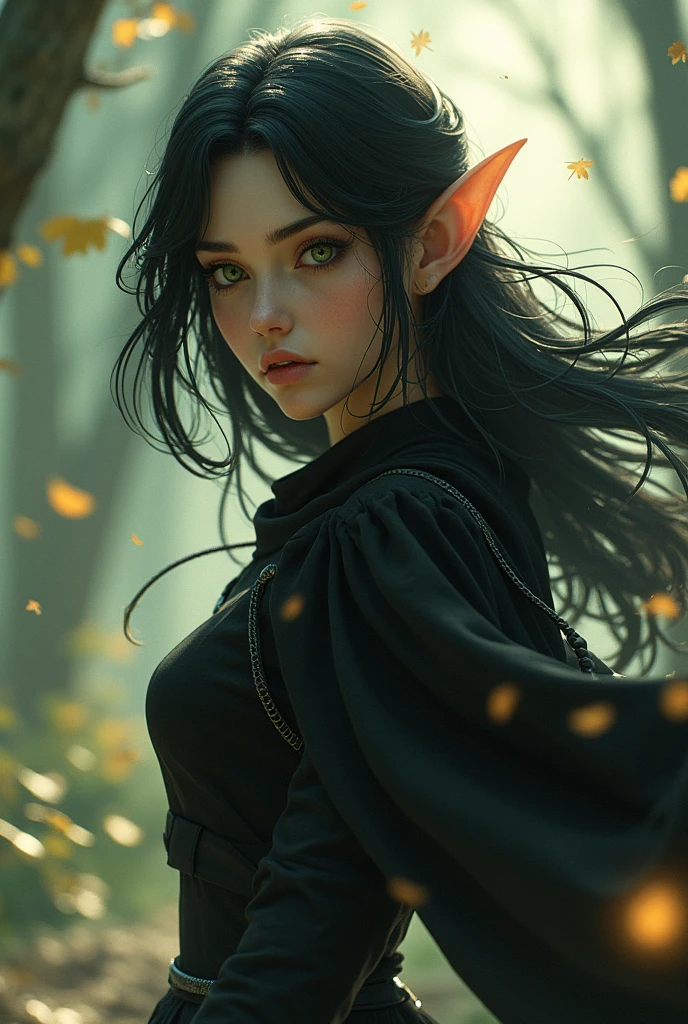 Shadowheart, the half elf from baldur's gate 3, best quality, ultra-detailed CG unity 8k wallpaper, floating, high resolution, dynamic pose, beautiful face, (green eyes:1.2, black hair:1.3, black clothes), depth of field, white forest, golden leaves, magic light)