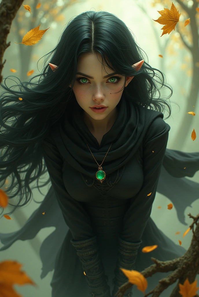 Shadowheart, the half elf from baldur's gate 3, best quality, ultra-detailed CG unity 8k wallpaper, floating, high resolution, dynamic pose, beautiful face, (green eyes:1.2, black hair:1.3, black clothes), depth of field, white forest, golden leaves, magic light)