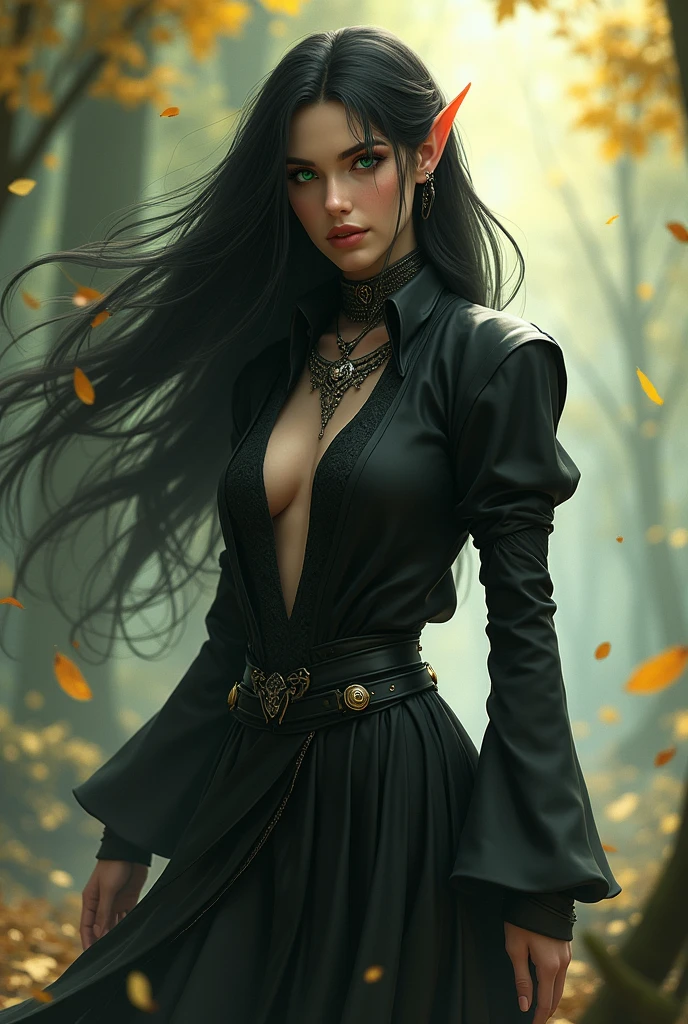 Shadowheart, the half elf from baldur's gate 3, best quality, ultra-detailed CG unity 8k wallpaper, floating, high resolution, dynamic pose, beautiful face, (green eyes:1.2, black hair:1.3, black clothes), depth of field, white forest, golden leaves, magic light)