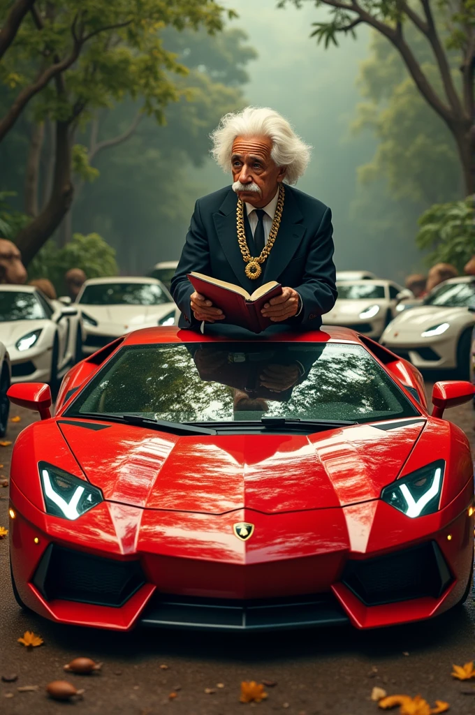 albert einstein , with gold chain, Rolex, notebook, uniform written rollet he on top of a red Lamborghini, with a small gold roulette on top of the car, playing roulette,several white Lamborghinis around , in a circle and the red Lamborghini in the middle in an environment with several animals in the middle of the jungle
