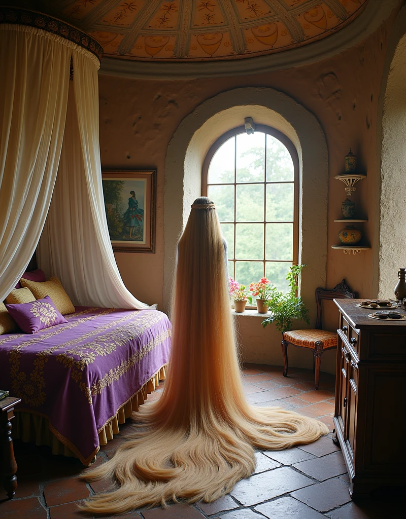 Rapunzel standing in her bedroom。This circular room at the top of the tower is spacious and bright,With high vaulted ceilings。One wall has a large arched window,Offers spectacular views of the surrounding forest,and let in plenty of natural light。The walls are decorated with intricate drawings by Rapunzel herself.、Colorful murals。These murals depict scenes from her imagination、The stories she read and her longing for the outside world。The stone walls between the murals are a warm sandy color。Against the wall stands a canopied bed with a carved wooden frame。The bed is covered with purple and gold soft、Embroidered blankets and pillows。Gauze curtains hanging from the canopy,create a comfortable、Nest-like feeling。There is an easel near the window,On it lies an unfinished painting and a collection of art supplies - brushes、Paint and charcoal。A small table nearby held jars of wild flowers and plants that Rapunzel had collected.。On the other wall stands a large wardrobe.,Floral pattern painted on the door。旁边是一面装在gorgeous金色框架里的全身镜。Bookshelves take up part of the wall,Filled with books on various themes - fairy tales、、and art。There is a cozy reading corner nearby.,Comes with cushions and a small table。The room is dotted with creative projects:A guitar leans against a corner,A chess game is in progress on a small table.,There is also a telescope pointing out the window.。Rapunzel's long blond hair is a striking feature of the room,It is cleverly used as a decoration,Forming curtains and draperies。Lanterns hang from the ceiling,Provides warmth at night、Soft Light。Potted plants and vines add a touch of greenery to the space。A trapdoor in the floor leads to the rest of the tower,A small kitchen area is located in one corner of the room.,Equipped with a stove and basic kitchenware。Even though it's a prison,But the overall feeling of the room is warm、creative、Inhabited – reflects Rapunzel’s imaginative and hard-working nature。analog film photography,Amazing photo of a woman with very long blonde hair,She looks like a real-life Rapunzel,Her long blond hair trailed on the ground,Super long blonde hair,Unbelievably long、Silky hair,Very long straight hair,Very long straight hair,Very long blond hair,Very long straight hair,Very Long Silky Hair,Floor Length Hair,Rapunzel Length Hair,World record length hair,The longest hair in the world,RAW Film Style,16 mm,Color Graded Portra 400 Film,Extraordinary colors,Ultra-realistic,Textured Skin,Extraordinary detail pupils,Realistic dark skin noise,visible skin detail,Skin villi,Dry skin,Filmed with a movie camera,Detailed skin texture,(Blush:0.2),(Goosebumps:0.3),Subsurface scattering,Augustus John、Sergio Toppi、Beautiful photos shot in the style of Virginia Frances Strait,Scandinavian women,Big green eyes,Full lips,gorgeous,8K HD,Detailed skin texture,Ultra-realistic,Textured Skin。