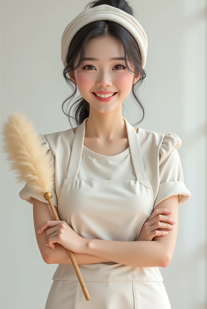 create 1 asian girl, beautiful smiling face, wearing an apron, work turban, naked feather duster