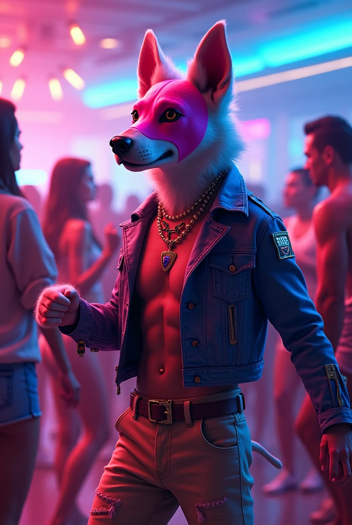 K9 dog in pink face mask and half human body dancing ina cruise neon party, by: Sam Oca