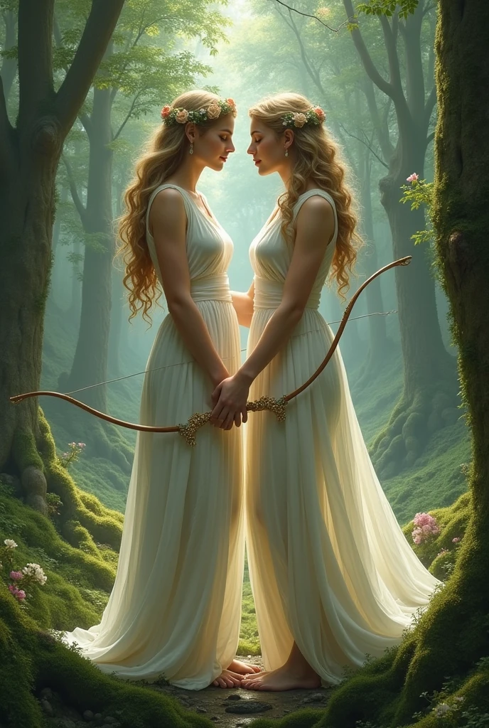 Two lesbian greek goddess in the forest with bow in hands and white dress looking face to face