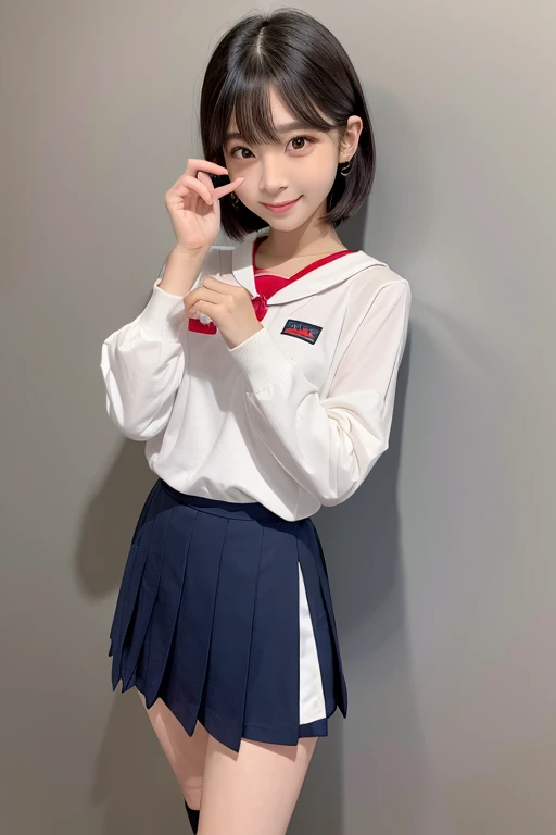 gender: Female
Age: 
height: 158cm
Body type: Slim and slender
Skin color: Bright pink hair color: Black Hair Length: Long hair to the chest
Hairstyle: Straight hair
Bangs: Blunt and eye-length
Face shape: Oval forehead width: Medium eyebrow shape: Slender and slightly arched
Eyebrow color: Eye pupil shape: big、Slightly round
Eye color: Dark brown
Eyelash length: Long and curled
Eyelash color: Black
Nose shape: smallて上向き
鼻の高さ: Low
Mouth shape: small、Lip line is neat
Lip color: Pink
Teeth: smallて整った白い歯
顎の形: Sharp ear shape: small、Slightly rounded
Earlobe: smallて薄い
ホクロ: Large mole under left eye Facial features: Fluffy cheeks
Skin texture: Shiny smooth skin
Skin condition: Natural without makeup
Facial expression: Smiling and bright
Eye opening: bigぱっちり開いている
頬の赤み: Natural cheek effect
Jaw line: Sharp and small chin
Pupil sparkle: Sparkling
Cheek line: Soft and rounded
Neck thickness: Thin、Delicate
Hand size: small、Long fingers
Nail shape: small丸い
爪の色: Natural breast size：とてもbig目立つ
腕の太さ: Thin
Leg length: heightに対してやや長め
脚の太さ: Thinて引き締まっている
肩の幅: Slightly narrow
Collarbone: Conspicuous
Waist line: Thinてなだらか
姿勢: Running with your back straight: Light and rhythmic
Facial angle: Front Sailor uniform features Sailor uniform colors: White ribbon color: Bright red ribbon
Ribbon shape: Simple shape tied short
Ribbon size: Small and understated
Sleeve shape: Short and slim skirt shape: Pleated skirt
Skirt color: Navy blue
Skirt length: About 20cm above the knee Sock color: White
Sock length: Crew socks to below the knee
Shoe color: Black
Shoe shape: Loafers
Tie shape: Wrapped under the sailor collar
Tie color: Red
Skirt fit: Fit snugly at the waist
Number of collar lines: １Line sailor suit fabric: A mix of cotton and polyester. A variety of facial expressions and poses.: Shy smile, direction of gaze: Slightly upper right
Hand movement: Body position when touching the chest: Side shoulder height: Natural height、The detail of a relaxed facial expression: I&#39;m writhing in pleasure