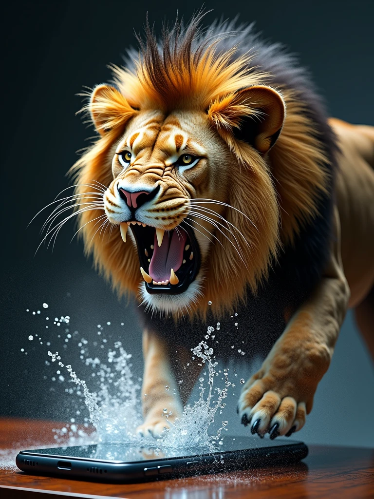 A fierce, roaring Lion in a smartphone full of water, he is getting out of the screen, with his hair and mane dripping wet, shaking his head and droplets flying Off screen, table background, very detailed, ultra realistic, best lighting, k, vivid colors, maximalistic