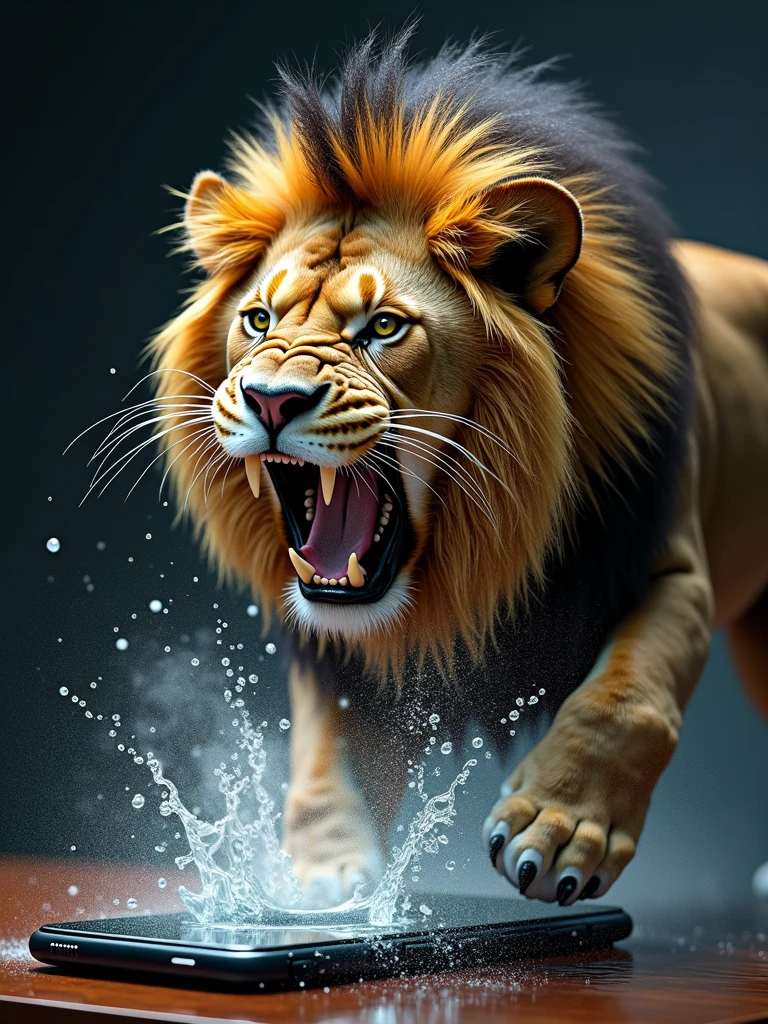 A fierce, roaring Lion in a smartphone full of water, he is getting out of the screen, with his hair and mane dripping wet, shaking his head and droplets flying Off screen, table background, very detailed, ultra realistic, best lighting, k, vivid colors, maximalistic