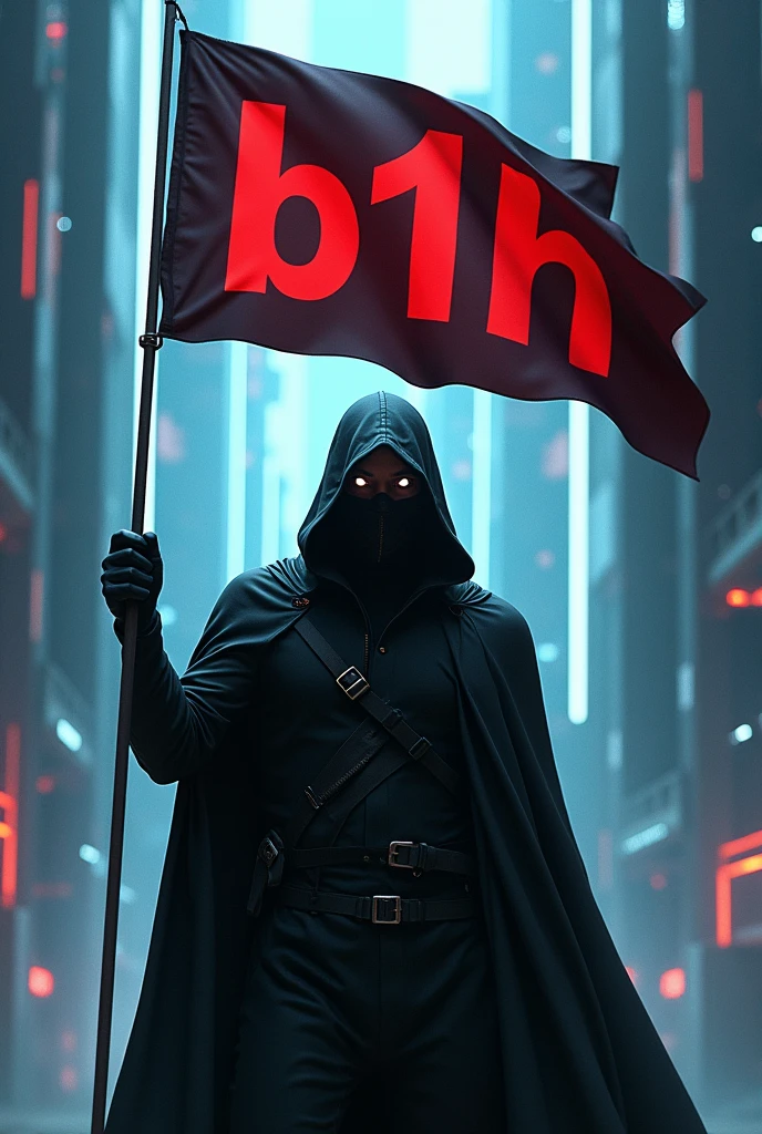 Burglar holding a flag with B1H on it with a syfi background