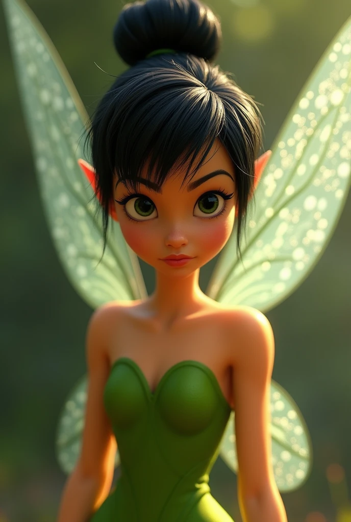 pixar image, Tinkerbell just like the Disney original, but with black hair, eyes black, brown colored skin, original green clothes , hair tied up like real hair, cloused mouth, image showing Tinkerbell's entire body from head to toe, looking forward, withe wings