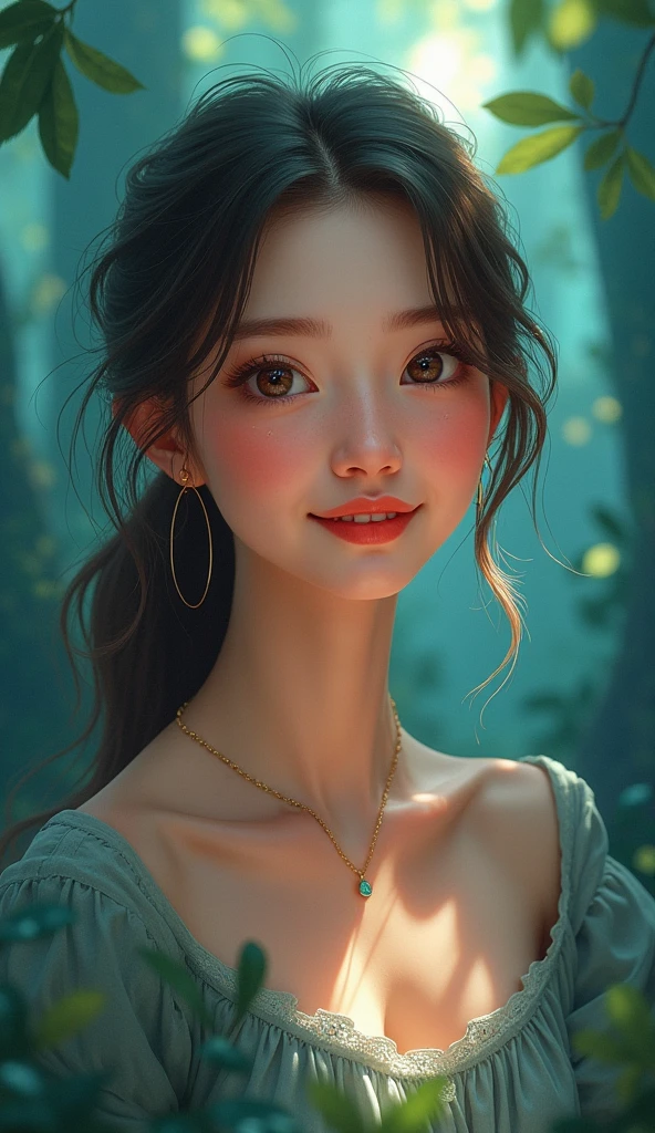 Happy girl, Centered, Looking into the camera, Approaching perfection, dynamic, (With shades of blue ((Forest Green 1.5)))), Very detailed, Digital Painting, artステーション, コンセプトart, Smooth, Sharp focus, figure, art：Kahne Griffith and Vadim Kashin, Detailed face, 4K