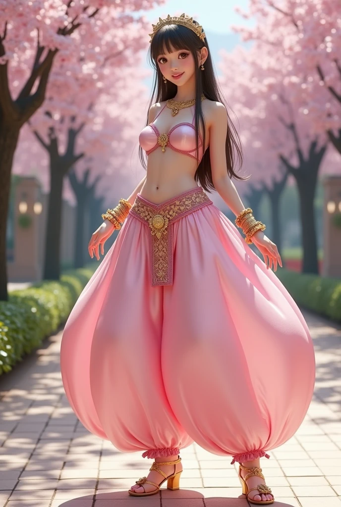 Pretty Japanese girl, solo, full body shot, brown eyes, brown long hair, straight hair, hime cut, blunt bangs, blunt tips, hourglass figure, gigantic cleavage breasts, J-Cup breasts, (Insanely huge gigantic breasts, ginormous breasts:1.6), wearing an Arabian princess outfit consisting of humongous inflatable satin princess Jasmine-style harem pantaloons with her belly button completely exposed, gold dance shoes, gold bracelets, and a simple satin strapless bra. The outfit is light pink and the pants are extremely puffy and completely round and completely spherical, (Best quality:1.3).