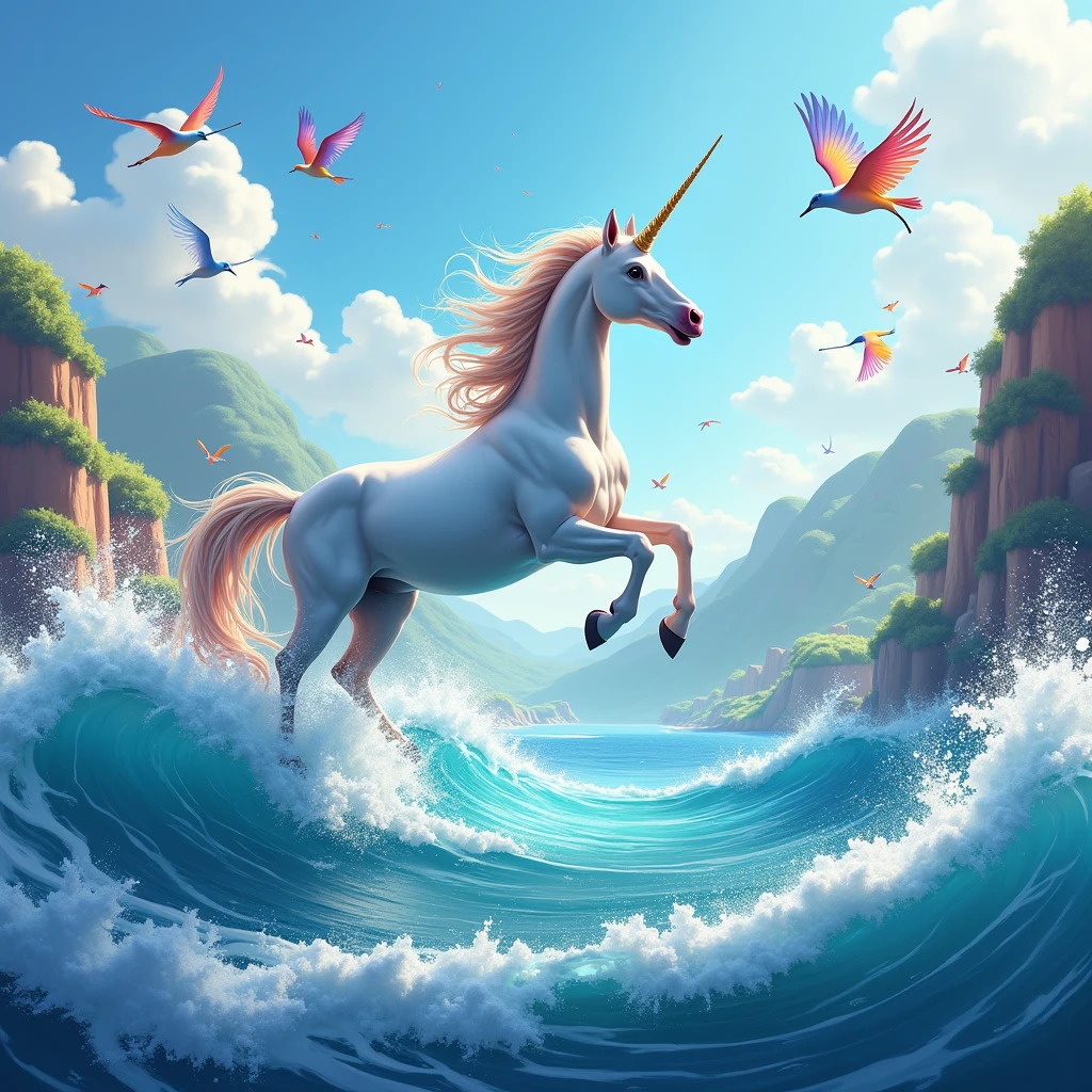A unicorn jumping with dolphins between waves with a landscape with many colors and birds of all rainbow colors