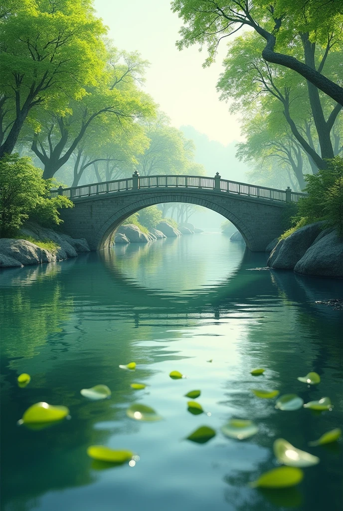 A bridge and below that bridge a river with tree leaves on the water
