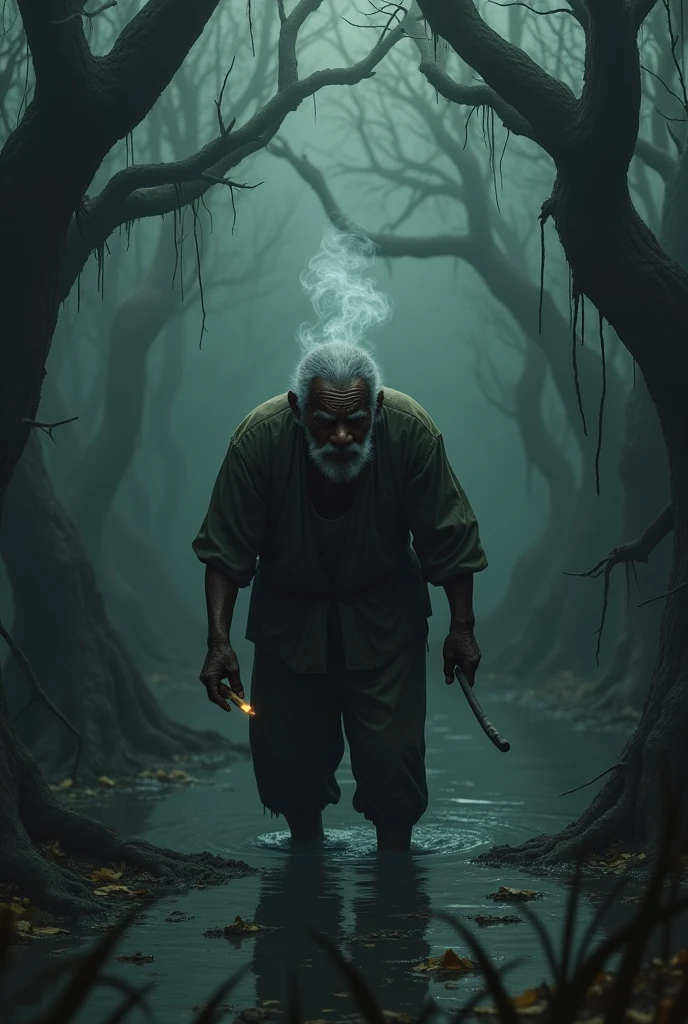 Hunchbacked black man bending over , in the middle of a dark swamp smoking a cigar
