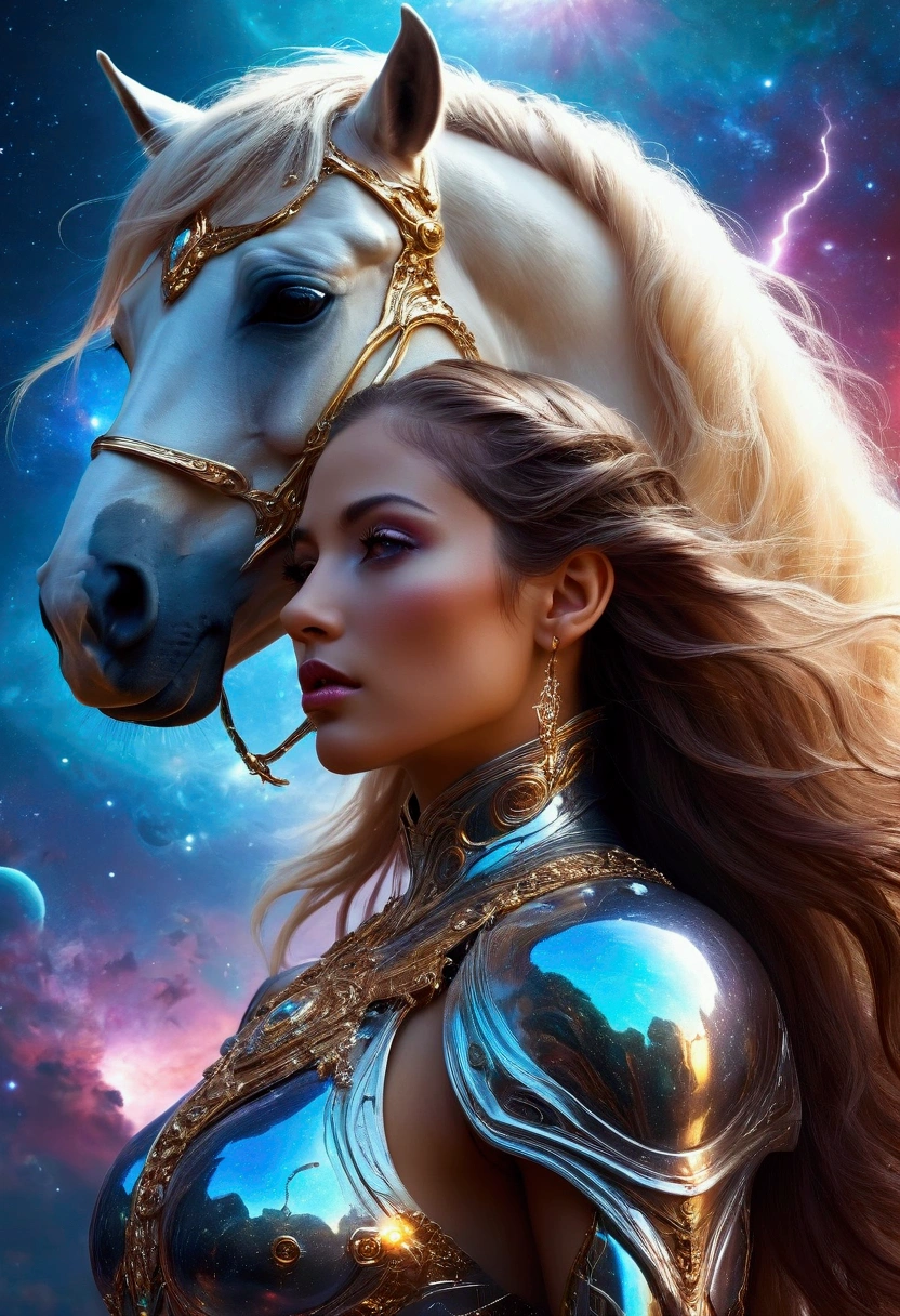 create a {mighty Centaur(a creature with the head, arms, and torso of a man and the body and legs of a horse.)} ruling the universe, low angle shot, karol bak uhd, beautiful digital artwork, centaurin a cosmic armor suit , 8k highly detailed digital art, digital art fantasy, digital art fantasy art, gorgeous digital art, digital fantasy art ), detailed fantasy digital art, digital fantasy art, beautiful sci fi art, cyborg goddess in cosmos, vibrant luminescent epic surreal nebula scenery, closed mouth, depth of field, eyelashes, glowing, jewelry, light particles, lips, nose, planet, profile, realistic, long flowing hair, holding lightning trident solo, space, full body,