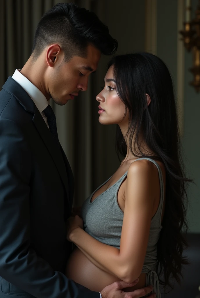 A pregnant girl, White skin, long dark hair, Brown eyes, His face looks sad, on par with her, A 30 year old man, tanned skin, blue eyes, highlighted cheekbones, remarked jaw, dark hair and combed feet, dressed in a fine and elegant suit, Real photo 