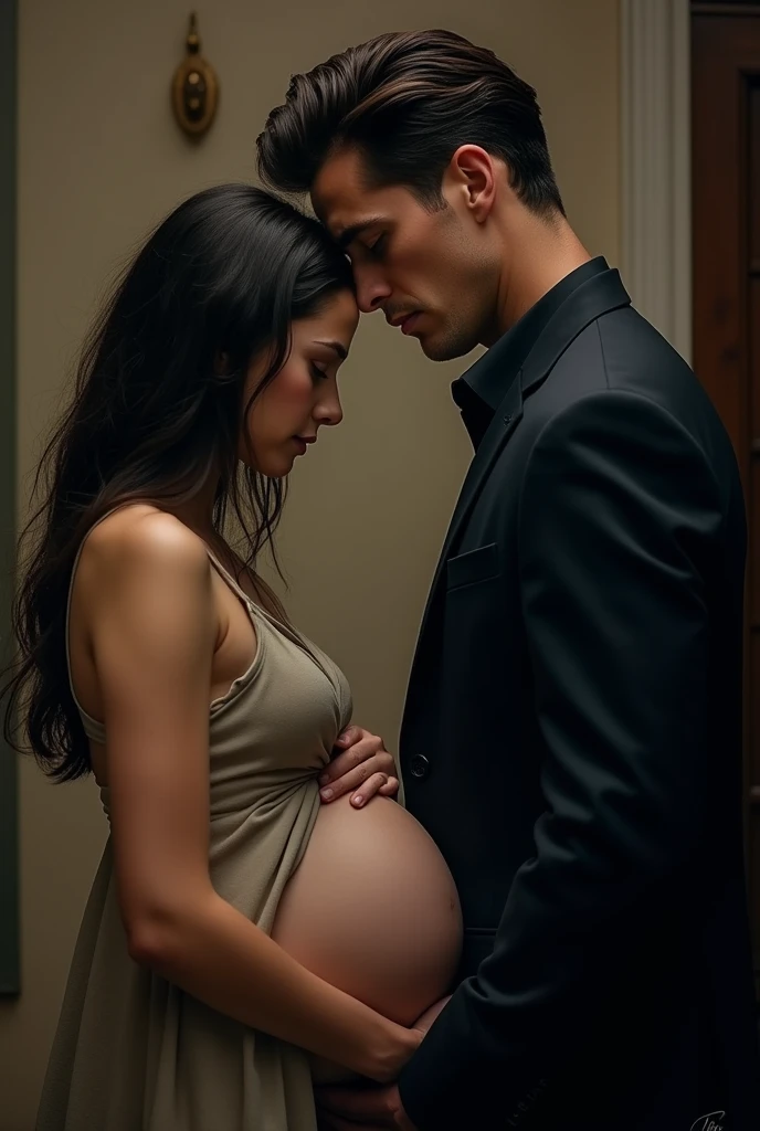 A pregnant girl, White skin, long dark hair, Brown eyes, His face looks sad, on par with her, A 30 year old man, tanned skin, blue eyes, highlighted cheekbones, remarked jaw, dark hair and combed feet, dressed in a fine and elegant suit, Real photo