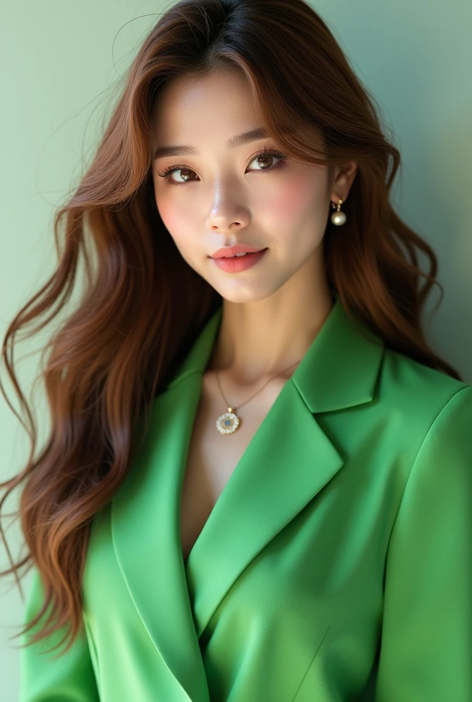 Create an image of a kpop idol with long wavy brown hair dressed in green 