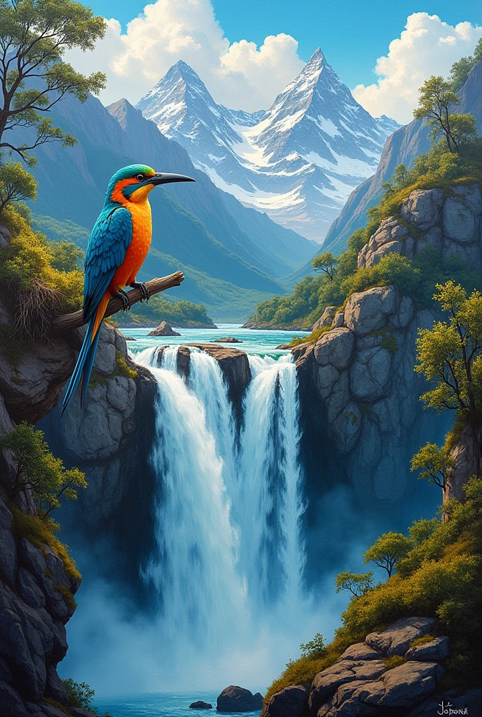 Andean barranquero bird and waterfall mural