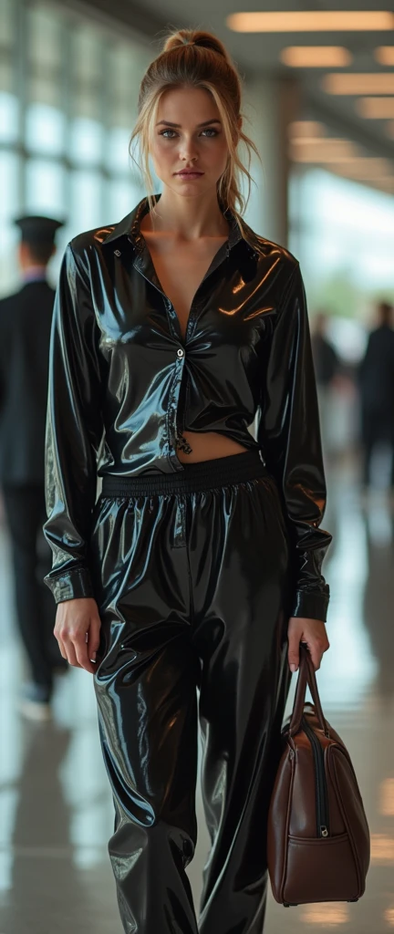 complete photo of a 30 years old woman with light brownblond hair tied to a ponytail. She is standing at an airport. She is wearing a glossy black latex sweatpants and a button down shirt out of latex. She is also wearing sneakers. She is looking seductive, erotic, sinful and lustful into the camera. She is smiling mischievous.