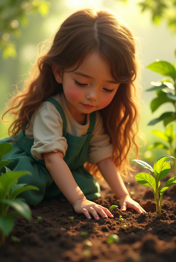 Young  girl with brown hair watering the newly planted seeds