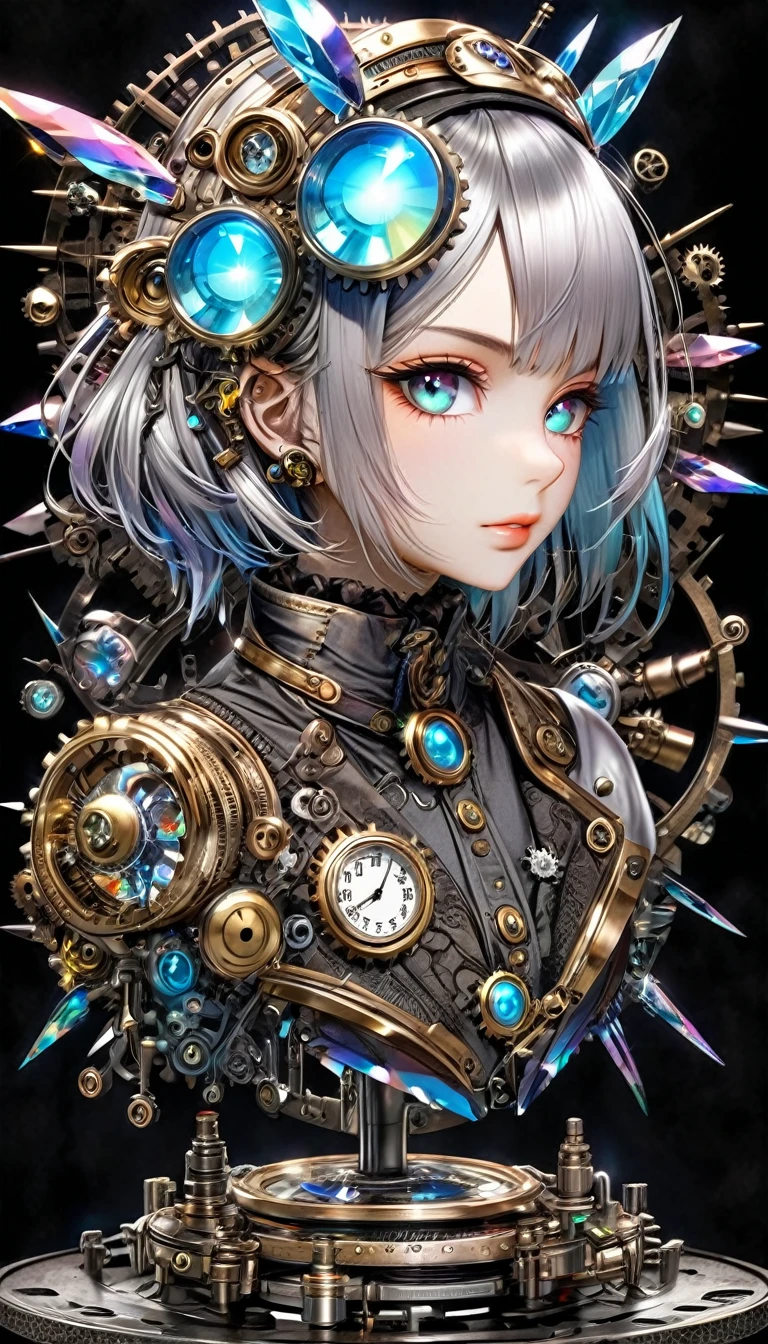 (cyberpunk, Clockpunk, Dieselpunk, Steampunk), work of art carved from pearl platinum crystal, background wide variety punks, (ultra detailed, absolutely resolution, best quality:1.3), 2.5D, delicate and dynamic effects, iridescent lighting effects, artistic photography, hyper realistic