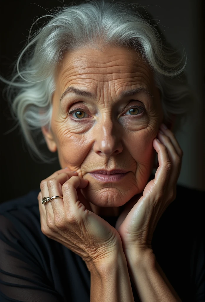 portrait of a 65yo woman perfect hands, perfect eyes, ultra detailed skin BREAK best quality, deep shadows, 8k, dslr, Kodak ektar 100, Fujifilm XT3, F4, 1/800s, ISO 100, RAW