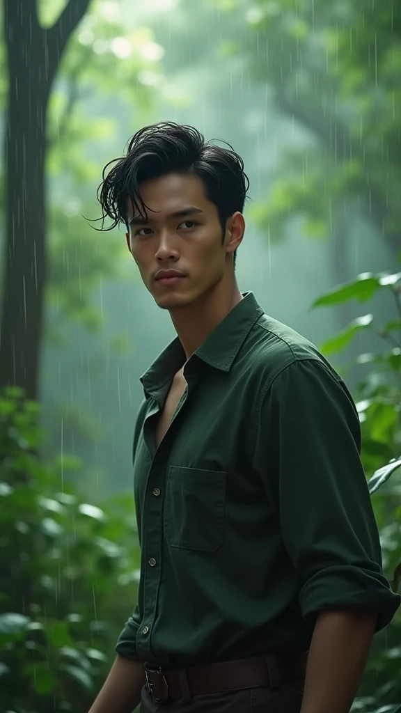 A round face handsome kayum with sharp jawline with almond eyes , with black with side part hairstyle and walking in forest and little raning in forest 