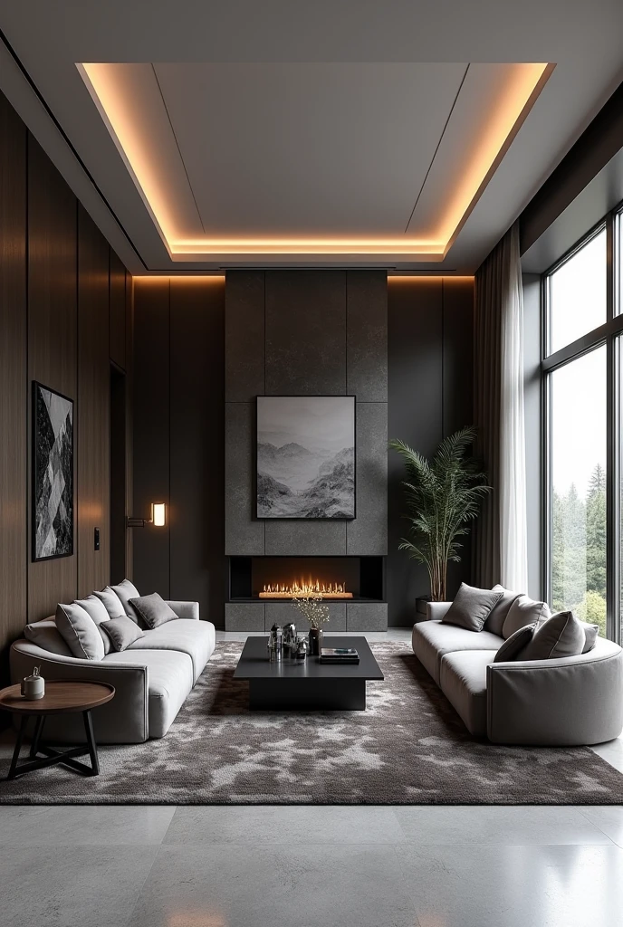 Professional 3d architecture rendering design of modern  living room with so  and very  dark  stone  floranca velvet sofa  set and medium  flouting  dark gray marble fireplace and  light gray laminate and elegant and modern accessories and modern windows and black slab stone middle table and elegant and modern  ceiling lighting and elegant accessories and elegant  dark  silk gray Persian carpet and elegant  and modern ceiling lighting 