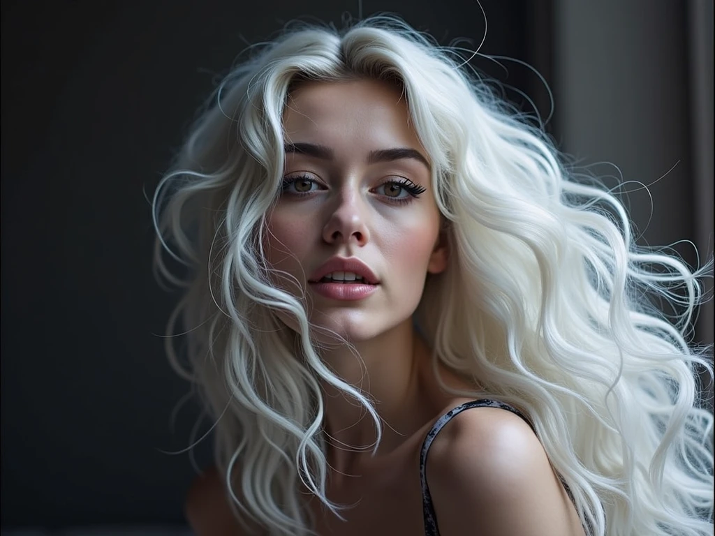 bright diffuse lighting on hair, bokeh background, bright colored brows and eye lashes, firm and milky lips,