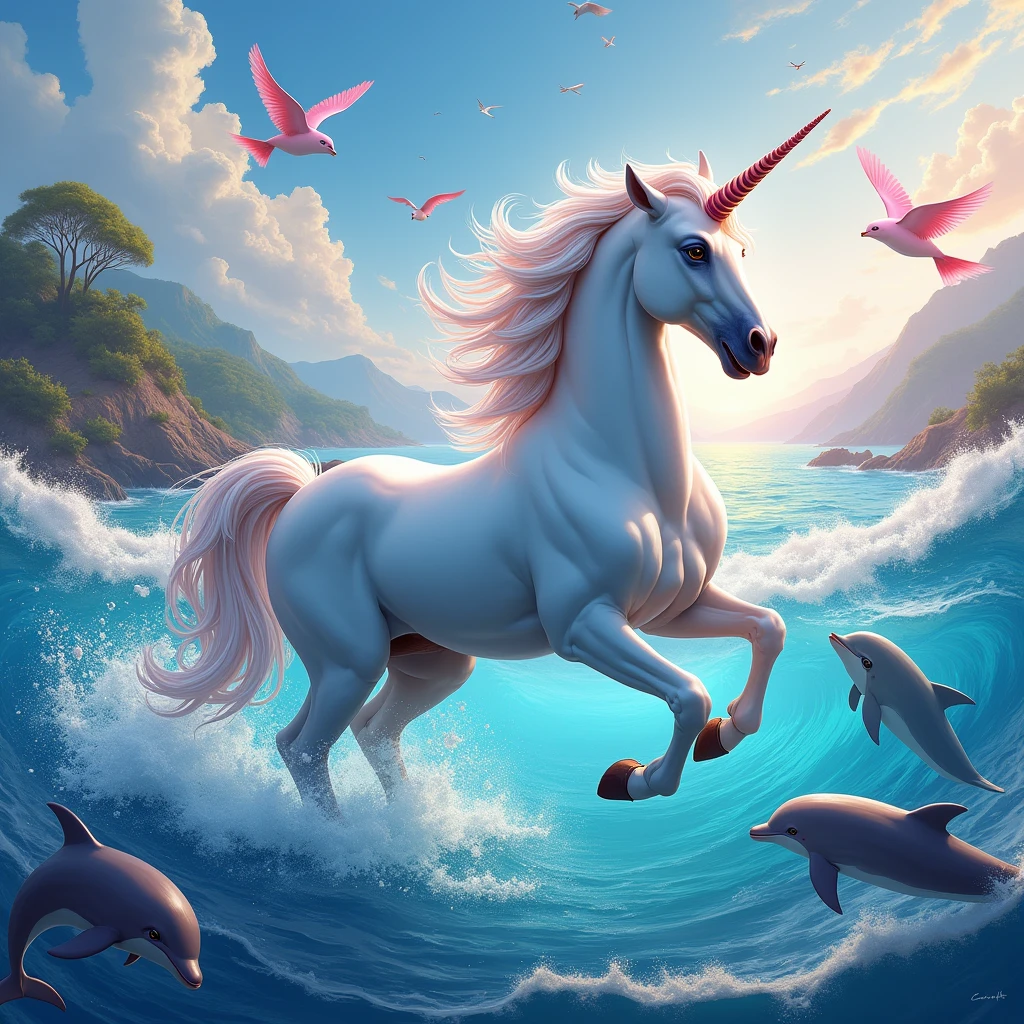 A unicorn jumping with dolphins between waves with a landscape with many colors and birds of all rainbow colors, many, many colors