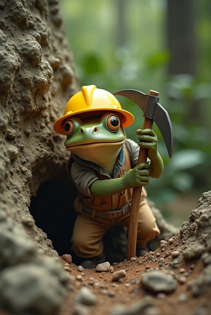 Retro Images，Storytelling，Tree frog，Ultra-realistic，high resolution，A frog is digging a hole in the mountain with a pickaxe，The frog is wearing work clothes and a yellow helmet