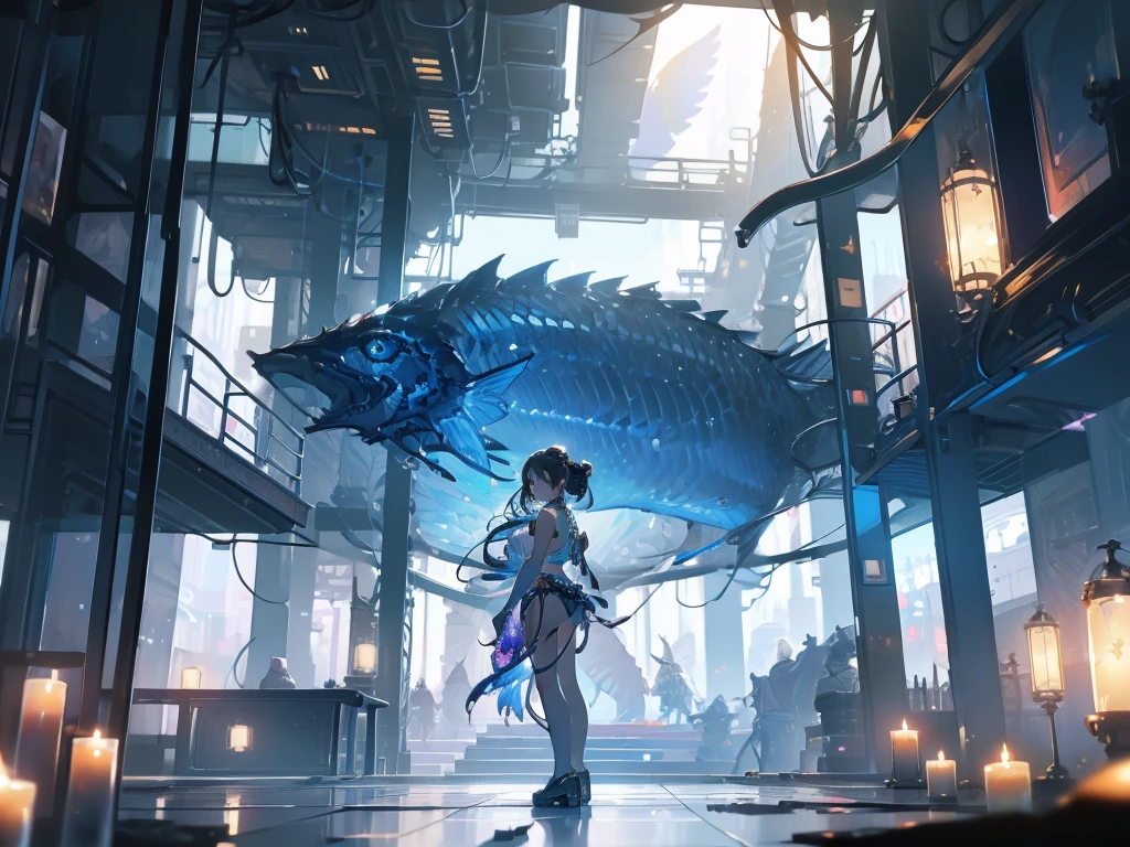 ((masterpiece, best quality)), Epic battlefield atmosphere,Delicate face,whole body,Standing picture,Fish girl in a sci-fi translucent mechanical bikini,Bikinis are transparent,shiny