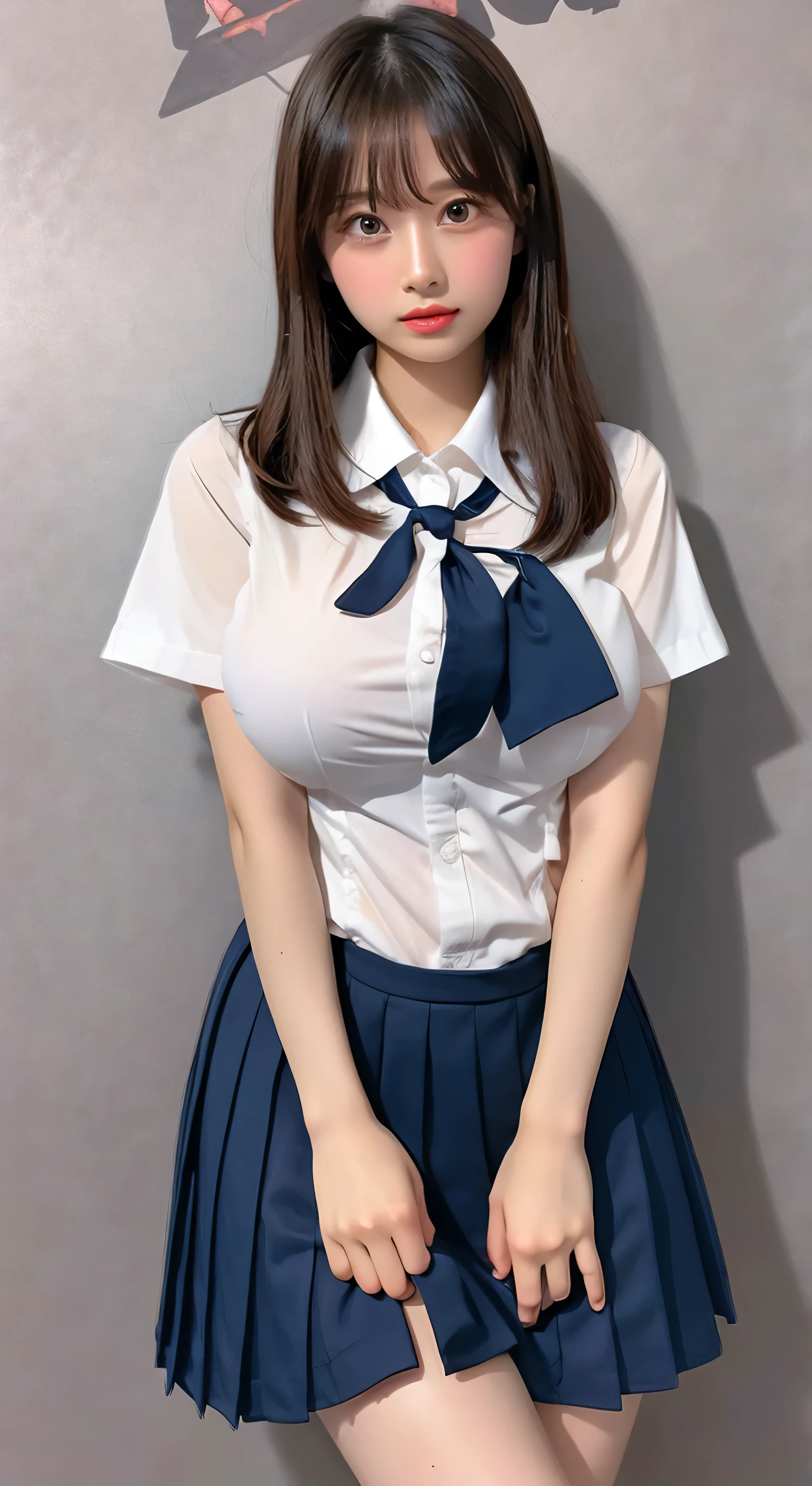 (Highest quality、Tabletop、、Best image quality、Award-winning works)、Very cute school girl、けたWhite polyester collared shirt、Short sleeve:1.4)、(Navy Pleated Skirt:1.1)、Girl portrait photography、Glowing Skin、Brown Hair、Are standing、View your viewers、Indecent random poses、(Classroom Background:1.45)、(Very large breasts:1.8)、Accentuate your body lines:1.1)、Very large red ribbon tie、Very long hair:1.75、((Shooting for a men's porn magazine))