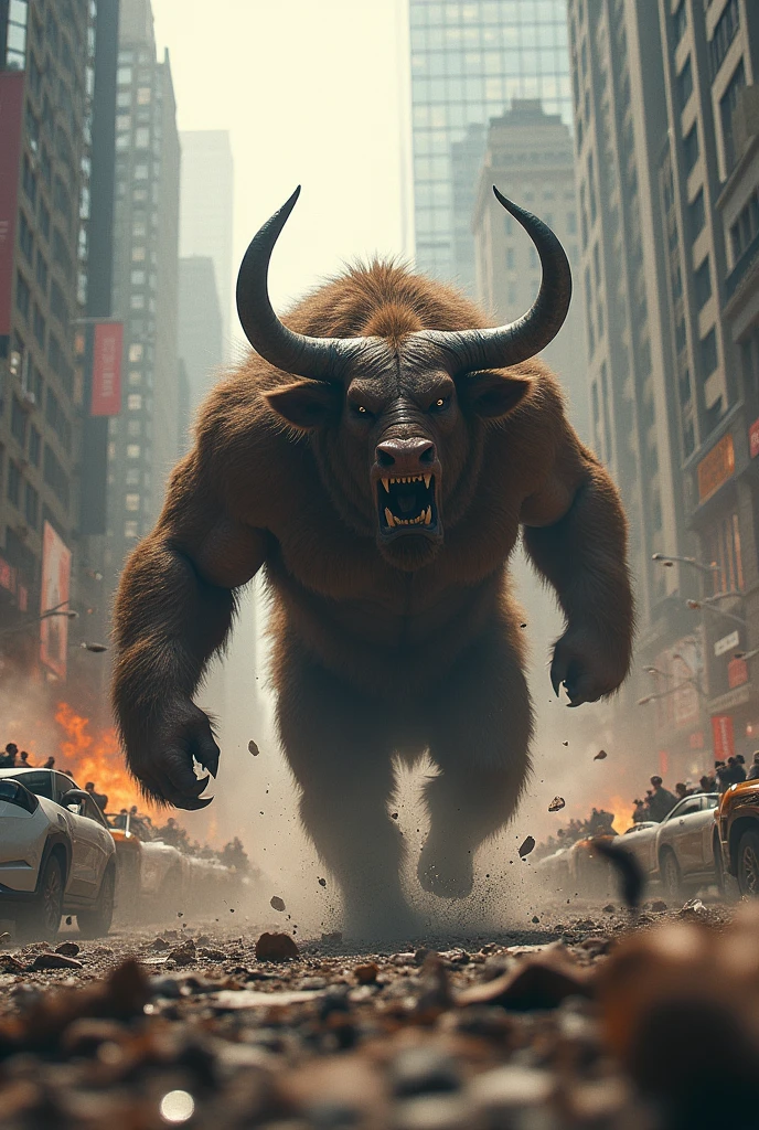 a half bull man attacking people in the city center