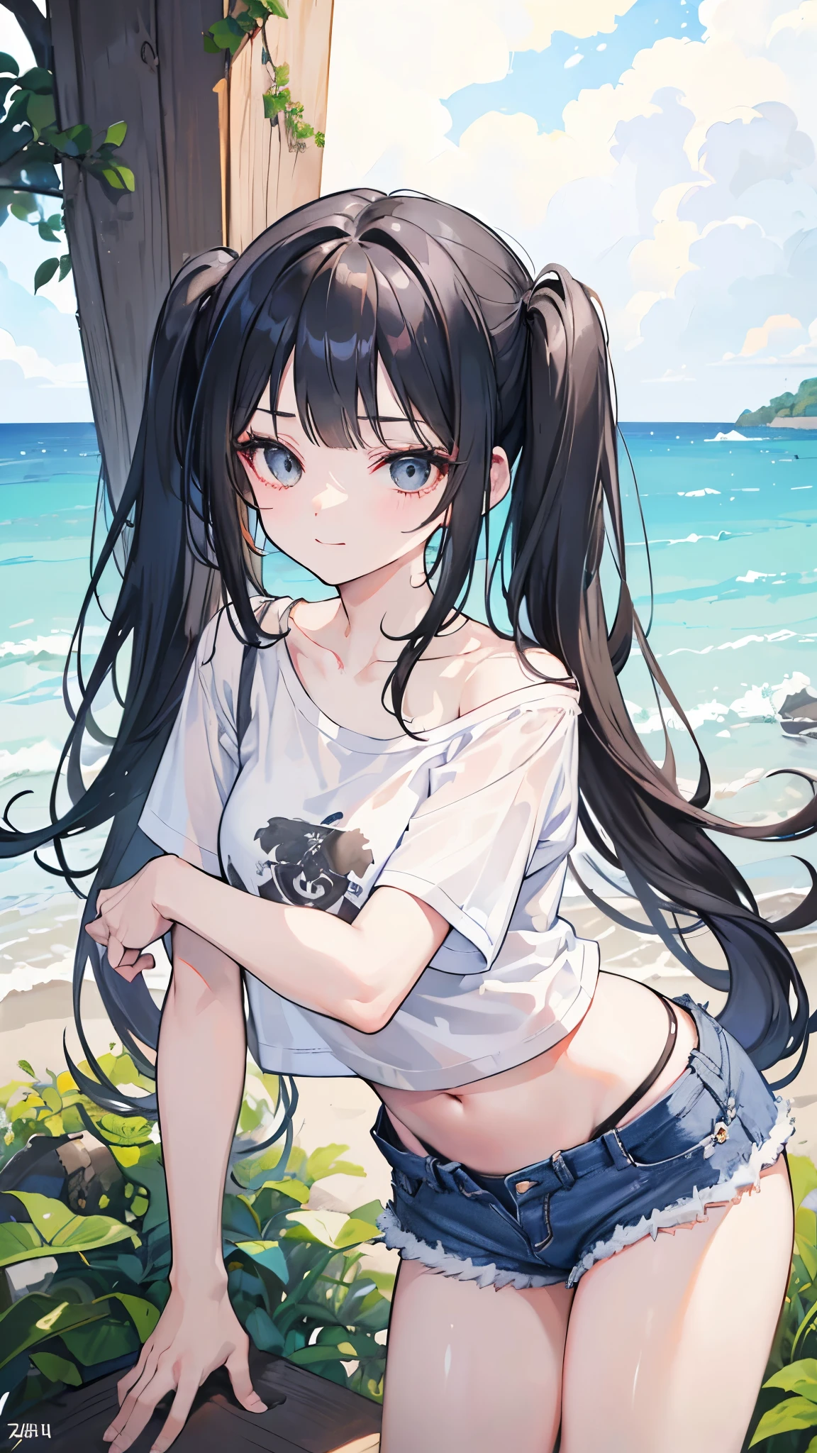 ((masterpiece、Highest quality、Very detailed))、One person、Black Hair、Long Hair、twintails、blunt bangs、Grey Eyes、evil smile、Small breasts、((White T-shirt))、Off the shoulder、Shoulder、belly button、((denim short shorts))、Cowboy Shot、((bent over))、Seaside Background