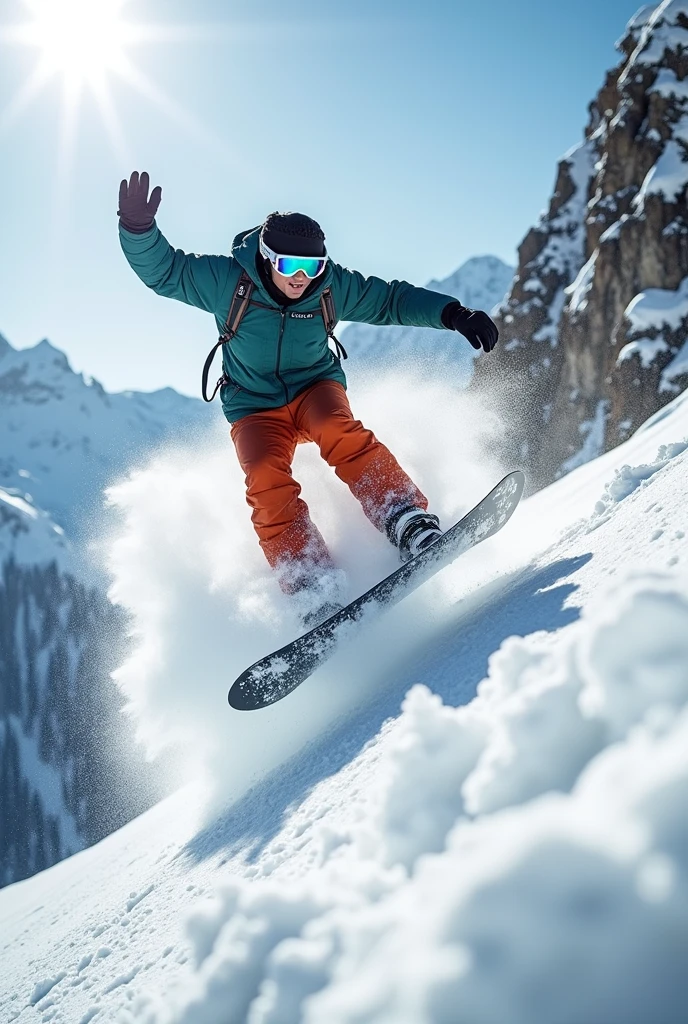 Steep snowy mountain in Alaska、Dynamic powder snow、Legendary Snowboarder、Stylish accessories、Sophisticated photography by mountain photographers、Angulation position with one hand raised、Snow Splash、Looking up angle、The moment when the dynamic powder snow is kicked up、The sound of the shutter rings out、The sensation of growing wings of fantasy、The silhouettes of translucent wings overlap、Jump into freedom、Drawing beautiful tracks following gravity、Performing alongside artistic powder snow、Cool and energetic movement