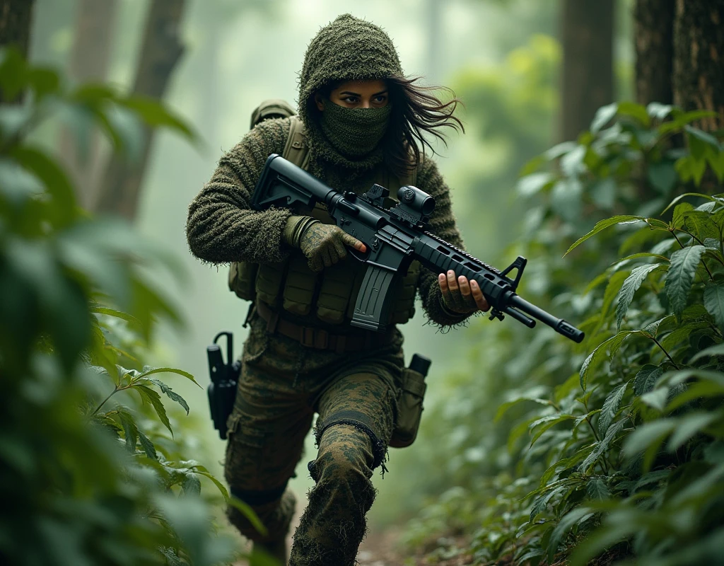 Priyanka Chopra as soldier, wearing wearing full ghillie suit, wearing full face scarf, wearing gloves, in jungle area, full body view, running to cover,