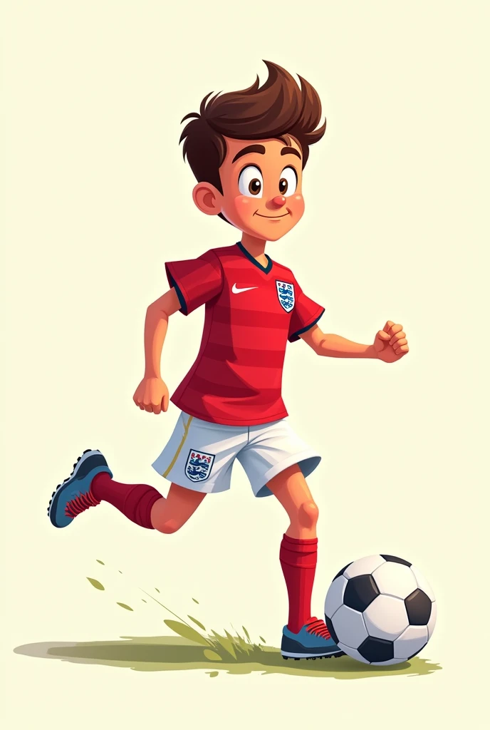 Generates an animated cartoon teenage boy with a soccer ball wearing the current uniform of england national football team with the flag of England football team on the top with the number 34 on the shirt and the name crane on the back without a background, only the person