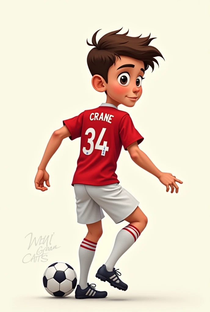 Generates an animated cartoon teenage boy with a soccer ball wearing the current uniform of england national football team with the flag of England football team on the top with the number 34 on the shirt and the name crane on the back without a background, only the person