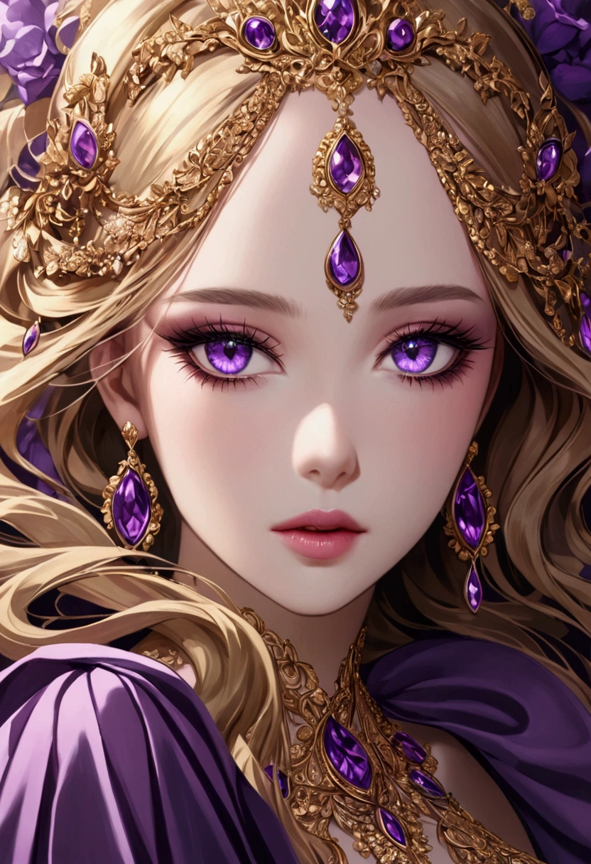 She had stunning long gold locks that cascaded down her shoulders, and her eyes were a mesmerizing shade of light purple. Her skin was flawless, and she was wearing a gorgeous purple dress that perfectly complemented her eye color. She truly looked absolutely stunning.