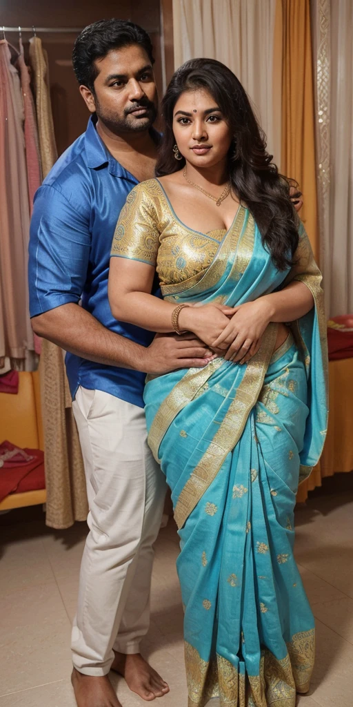 a 50-year-old shirtless man affectionately hugging and kissing aradiant, full-figured South Indian plus-sized 30 year old teacher wearing a blue colour silky saree in dressing room, captured in a full-body image with vibrant hues and meticulous details. Full body image
