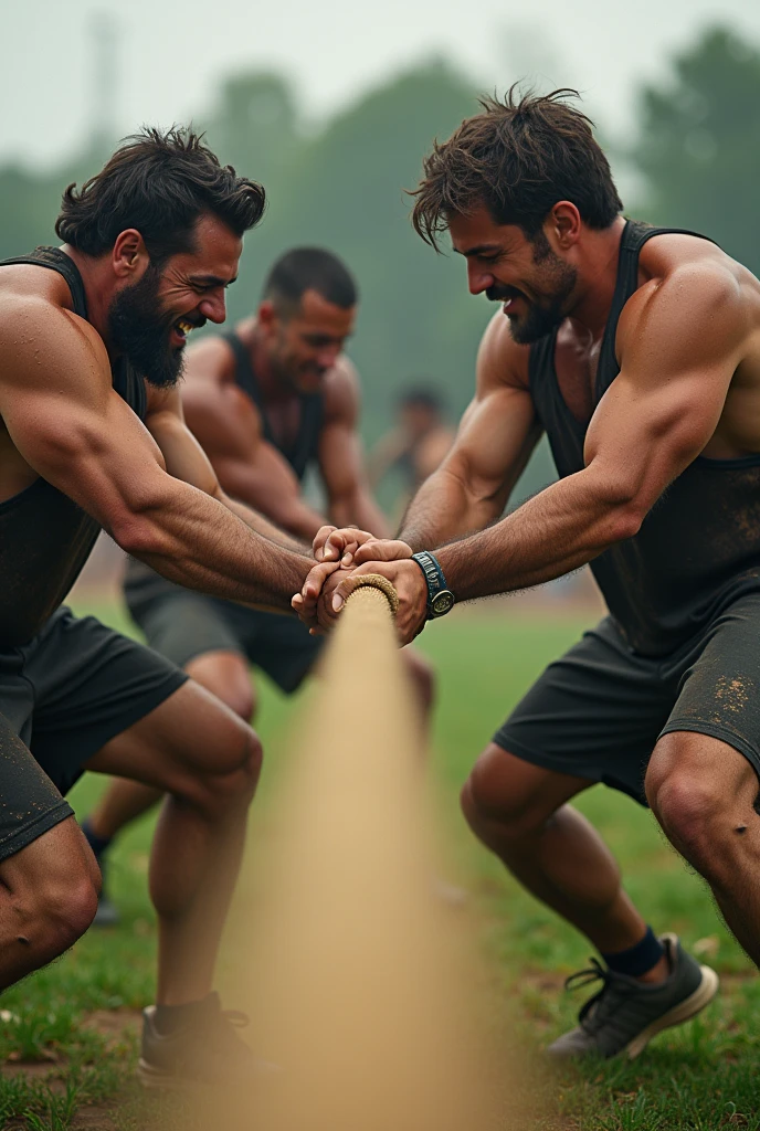 four people compete in tug of war, but there are three people on one side of the cable and only one person on the other side.