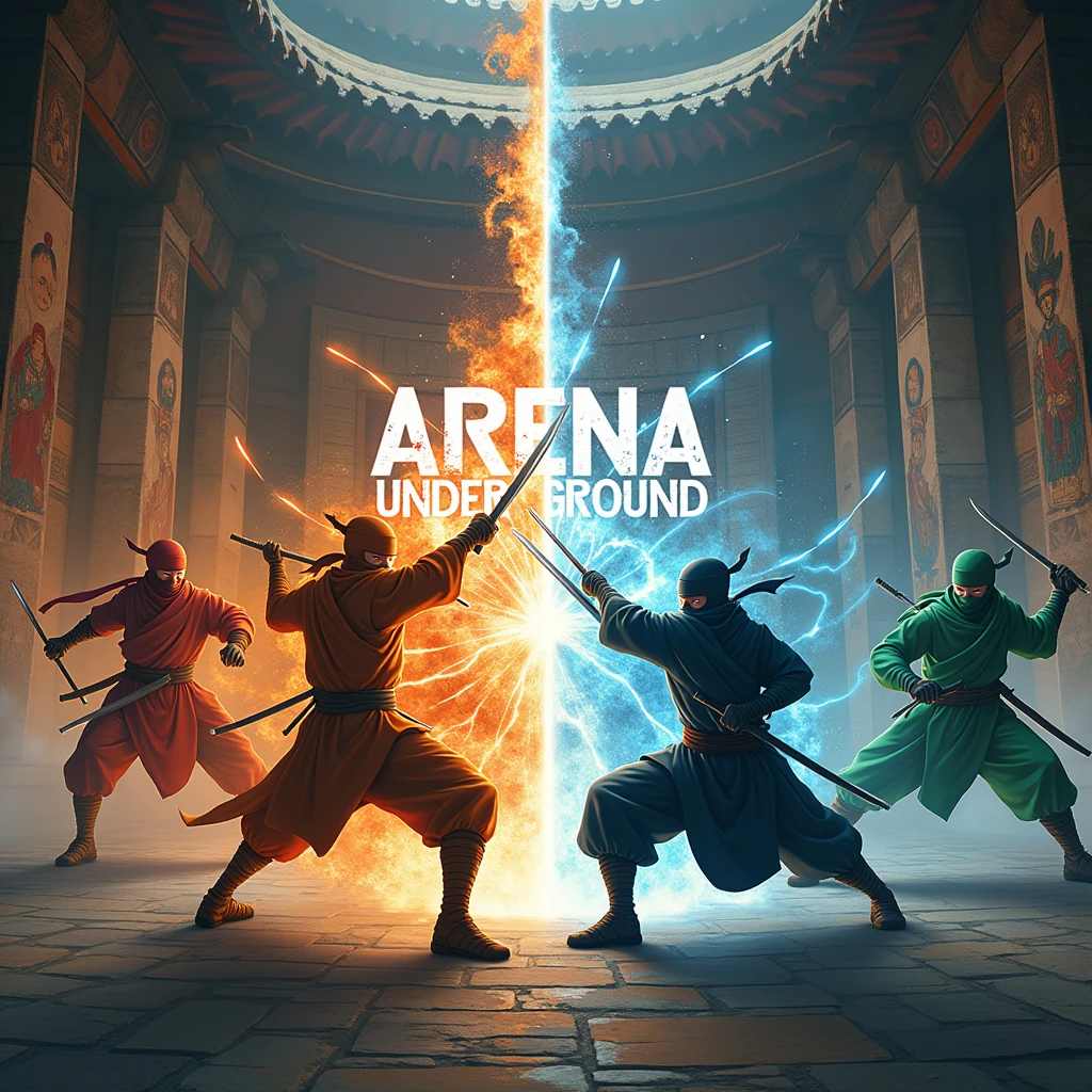 make a picture of two ninja clans of different colors fighting in a temple, based on the color orange, green and blue. the two clans will be fighting with swords and kunai (ninja knives). all with anime-like drawing style. and in the middle of the image with modern letters and lights, put the words Arena Underground. can make it look like a tournament is going on