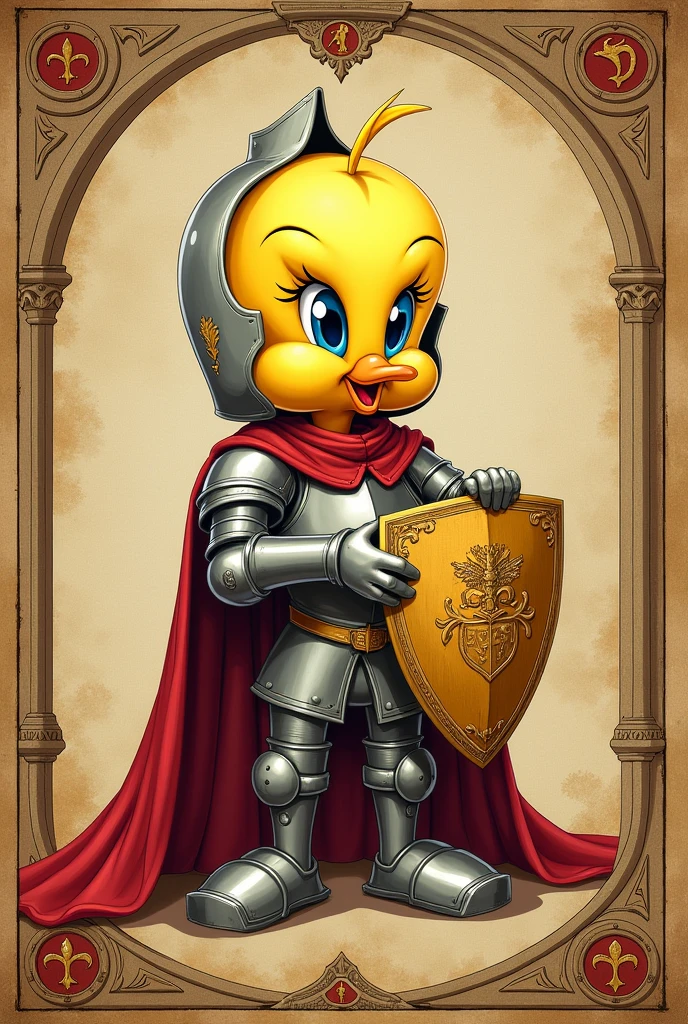 Tweety Bird in a medieval text dressed as a knight