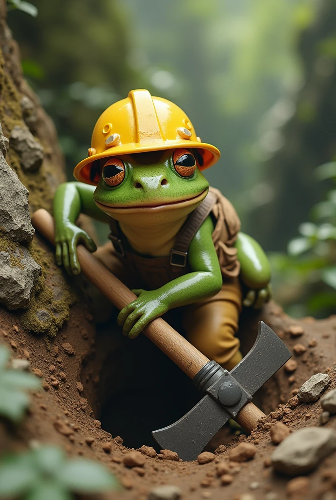 Retro Images,Storytelling,Tree frog,Ultra-realistic,high resolution,A frog is digging a hole in the mountain with a pickaxe,The frog is wearing work clothes and a yellow helmet