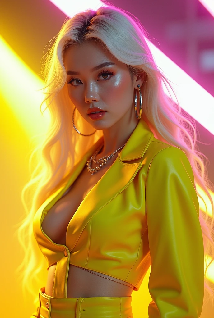 Create an image of a kpop idol with long platinum hair with yellow highlights dressed in neon yellow