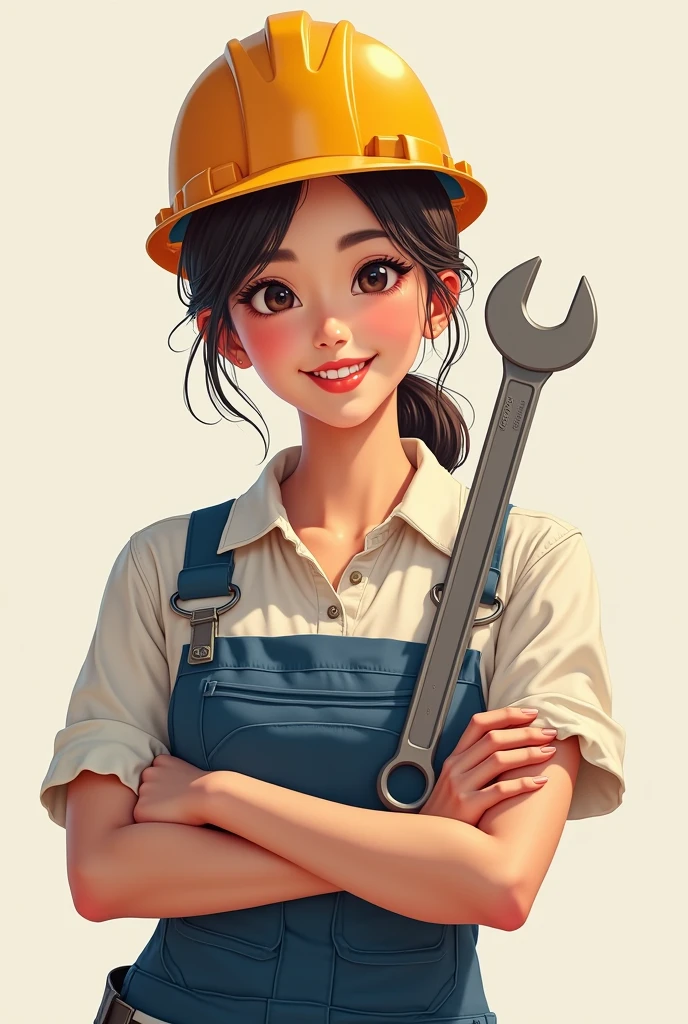 create 1 asian girl, beautiful smiling face, construction hat, wrench handle