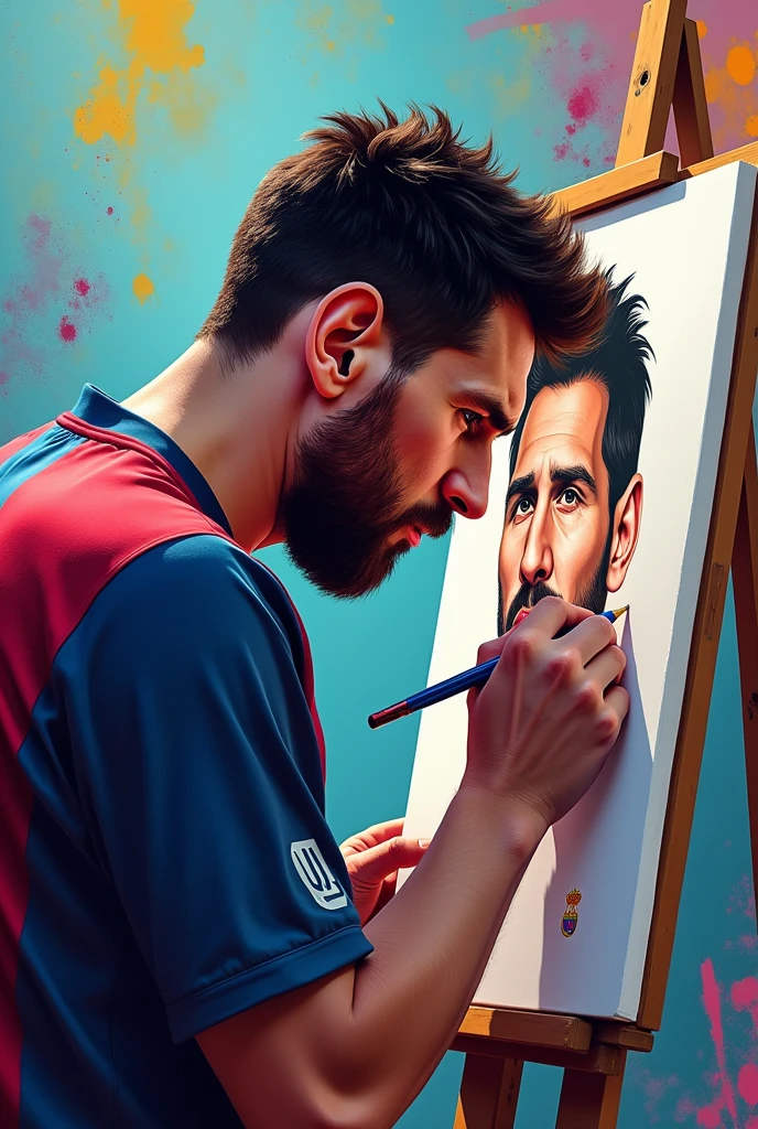 Messi is drawing messi's face background must be colourful